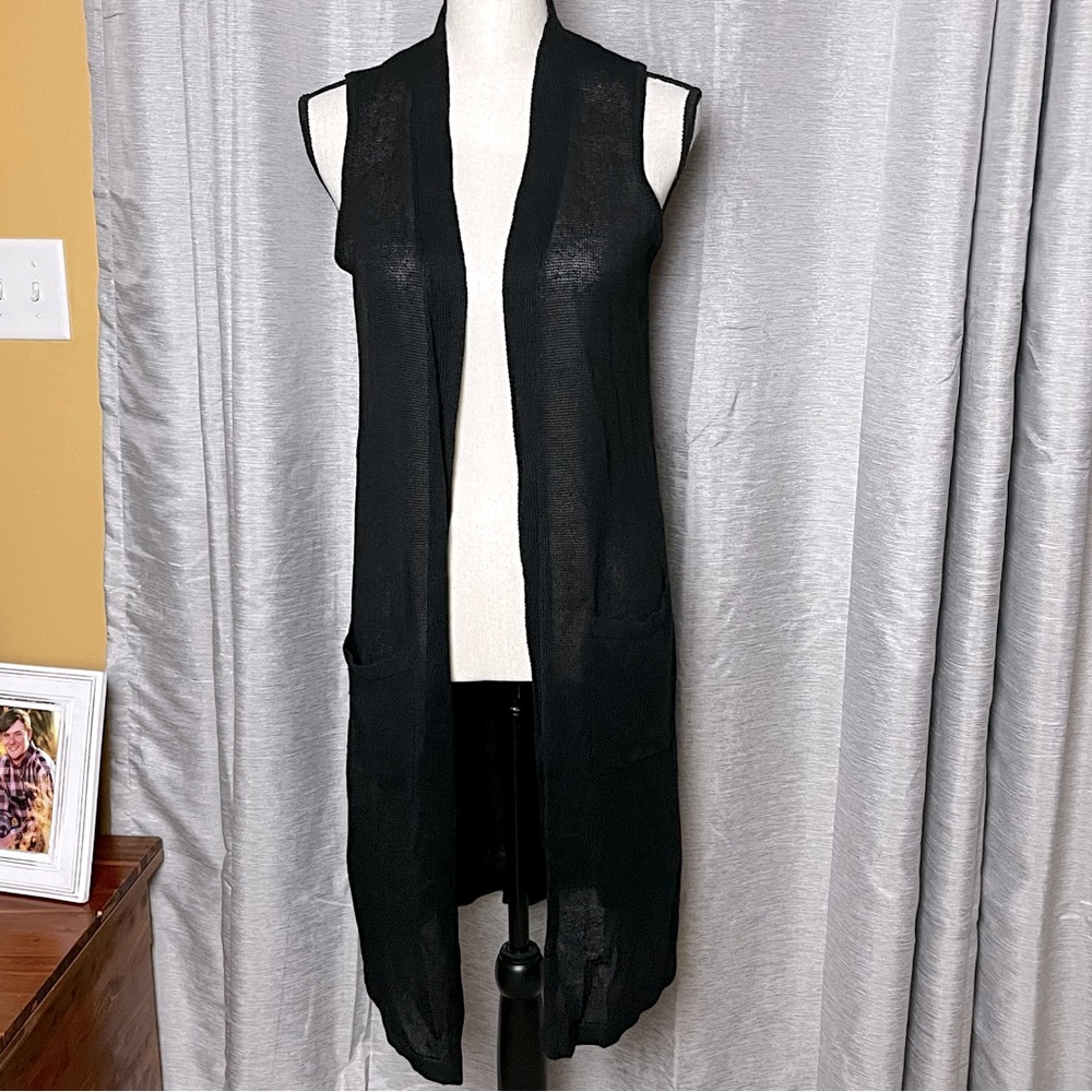 J. Jill Linen Blend Sleeveless Duster Knit Cardigan SZ Small Black Coastal NEW